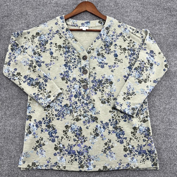 J. Jill Tops - J. Jill Floral Henley Sweatshirt Top Women Medium Green Blue Casual Boho Cottage